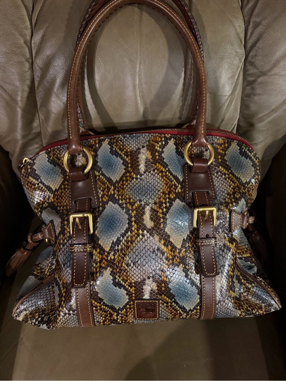 Dooney & Bourke Brown, Blue and Yellow Python-Print Satchel with Gold Hardware